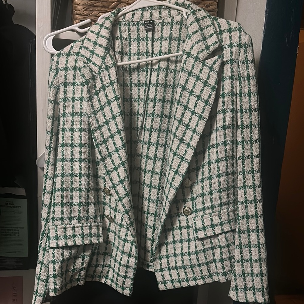Green and White Plaid Women's Blazer